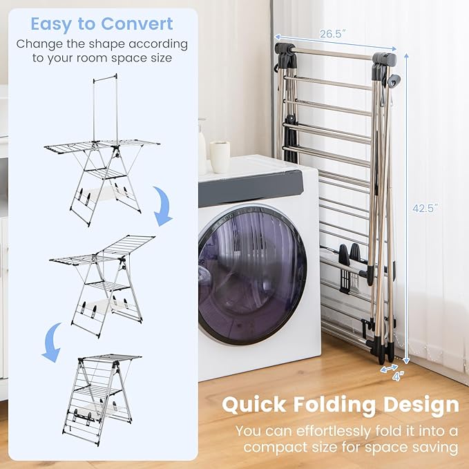 Giantex Clothes Drying Rack, Foldable Laundry Drying Rack with with 6-Level Adjustable Height, High Hanger Design, Side Clips, Space Saving Collapsible Laundry Drying Rack-HomvellaHome