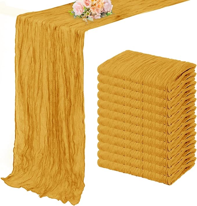 12 Pack Mustard 10FT Cheesecloth Table Runner Rustic Gauze Fabric Cheese Cloth Table Runner for Wedding Bridal Baby Shower Table Decor Boho Sheer Birthday Party Table Decorations 20 x 120 Inch Long-HomvellaHome