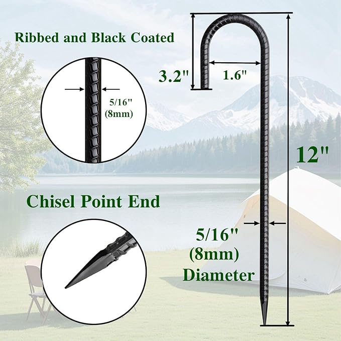 12 Inch Rebar Stakes 50 Pack J Hook Ground Stakes Heavy Duty Chain Link Fence Stakes Galvanized Anchors Metal Tent Stakes for Wire Fencing Concrete Forming Trampolines Camping Canopies Shed Swing-HomvellaHome