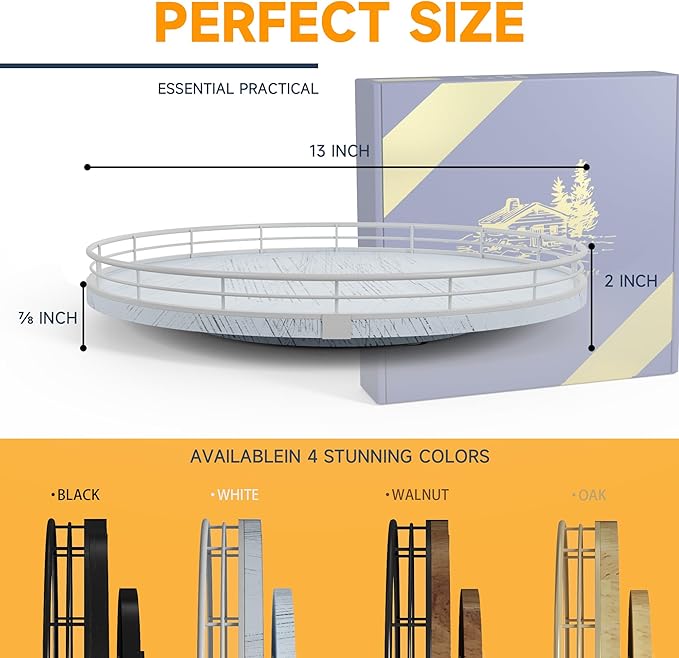 13" Oak Bathroom Vanity Tray Turntable for Perfume Candle, Round Wooden Decorative Tray for Kitchen Sink Countertop Organizer, Bathroom Counter Organizer for Skincare Makeup, Rustic White-HomvellaHome