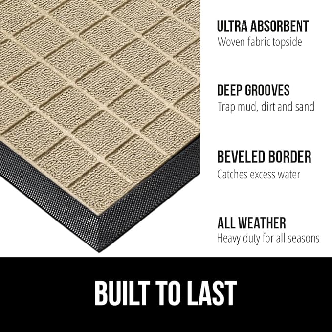 GORILLA GRIP 100% Waterproof All-Season WeatherMax Doormat US Designed Natural Rubber, Stain and Fade Resistant, Low Profile Indoor Outdoor Door Mats, Easy Clean Patio Mat, 17x29, Taupe Grid-HomvellaHome