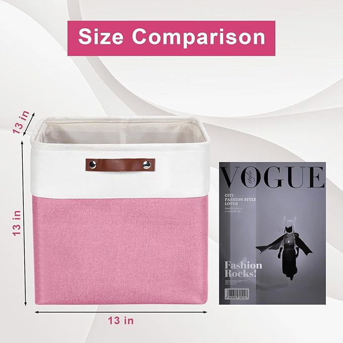 13x13 Cube Storage Bins, Collapsible Fabric Storage Box, 4 Pack Closet Baskets with Handles for Organizing, Shelf, Toys, Clothes, Home, Office, Nursery (Pink&White)-HomvellaHome