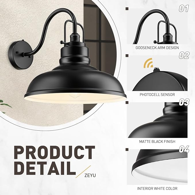 zeyu 2 Pack Dusk to Dawn Outdoor Wall Sconce, Gooseneck Barn Light Fixtures for Front Porch, Exterior Wall Mount Light in Matte Black Finish, 016-1BL-PC-2 BK-HomvellaHome