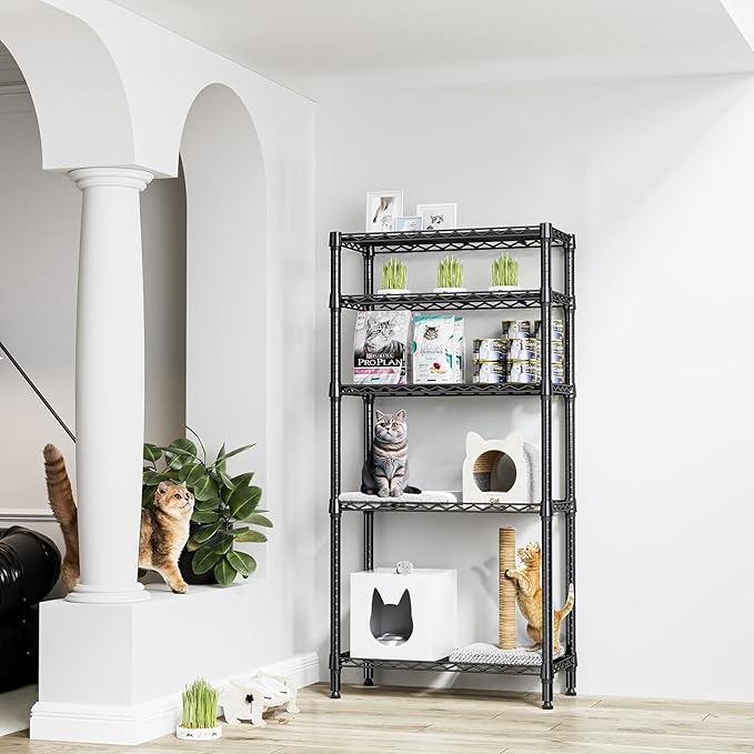 1250 lbs 5 Tier Shelf Metal Storage Shelves Shelving Wire Rack Heavy Duty Closet Organizers for Garage Kitchen Bathroom Laundry Black 13.8" D x 29.5" W x 59.5" H-HomvellaHome