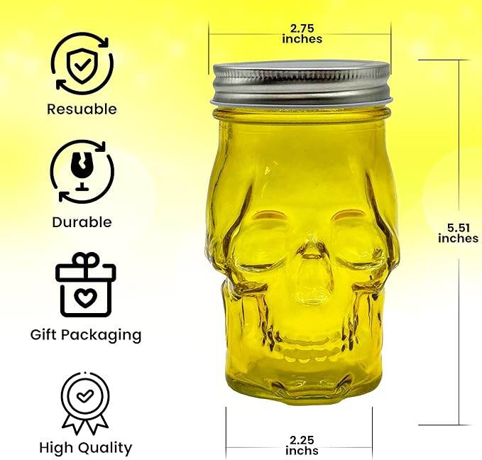 Generic 14 oz Colorful Skull Glass Mason Jar – Mix & Match 7 Vibrant Colors, Large & Durable! (Yellow)-HomvellaHome