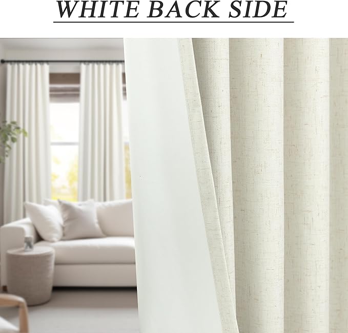 100 Inch Curtains Complete Blackout Linen Curtains for Bedroom 2 Panels Set Large Window Custom Length 100 Inches Long Neutral Cream Colored Thermal Drapes for Sliding Glass Doors Shades Blinds 52x100-HomvellaHome