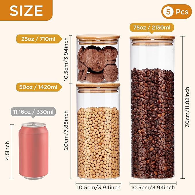 Glass Food Storage Jars with Lids[Set of 5], Perfect for Pasta, Cookies, Nuts, Coffee, Cereal, Flour, and More, Organize Your Kitchen and Pantry with these BPA-Free Glass Canisters-HomvellaHome