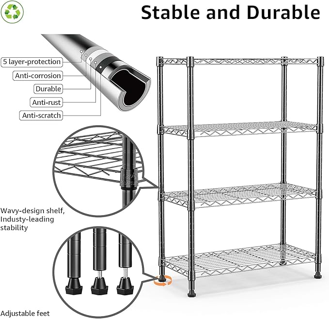 1000 lbs Storage Shelving Steel Heavy Duty 4-Tier Utility Shelving Unit Steel Organizer Wire Rack for Home,Kitchen,Office (13.7" D x 29.5" W x 47.2" H)-HomvellaHome