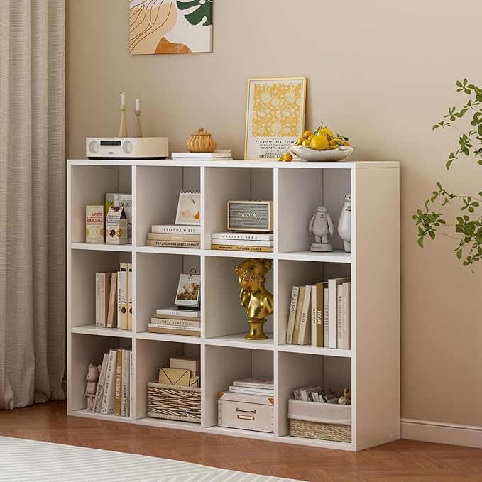 12-Cube Storage Shelf Bookcase - Wooden 3-Tier Floor Standing Open Bookshelf for Home and Office, Display Cabinet, Warm White-HomvellaHome