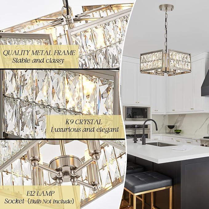 12” 4-Light Modern Crystal Chandeliers Nickel Dinning Room Light Fixture, Square Pendant Light Kitchen Island Chandelier, Flush Mount Ceiling Light for Living Room Entryway Bedroom Foyer-HomvellaHome