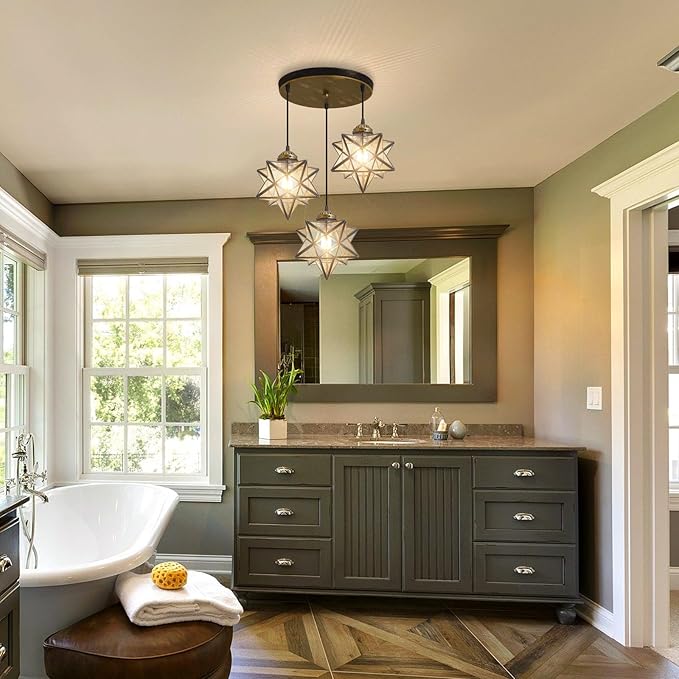 Glass Glam Chandelier Star Pendants Light Fixture Modern Elegant Ceiling Hanging Lights Included LED Warm Light Bulbs Oiled Bronze-HomvellaHome