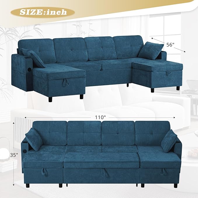 110 Inches Chenille Sectional Sofa w/Pull Out Sofa Bed & Adjustable Back, Tufted U Shaped Couch w/Two Storage Chaises, Sleeper Sectional Sofa w/USB Port & Cup Holders for Living Room, Blue-HomvellaHome