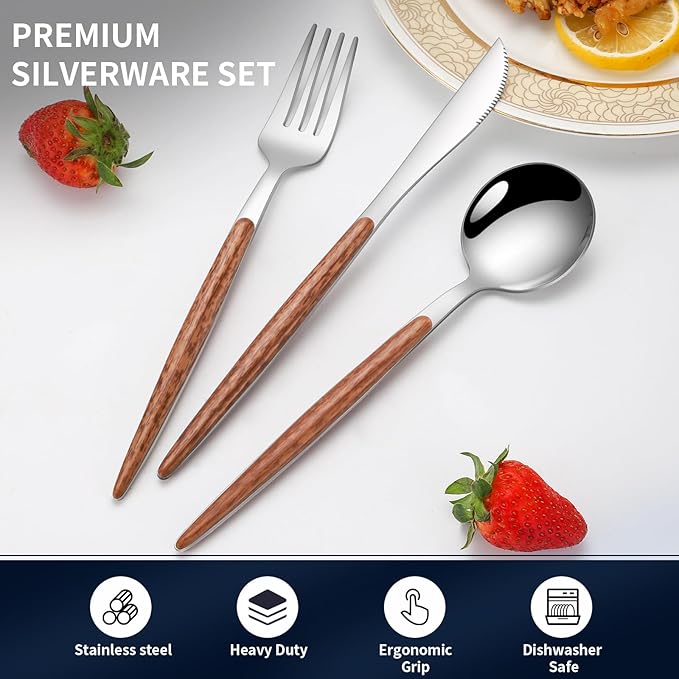 16 PCS Silverware Set for 4,Stainless Steel Flatware Cutlery Eating Utensils Set with Wood Grain Handle,Steak Knives Forks and Spoons for Home,Party,Mirror Polished and Dishwasher Safe-HomvellaHome