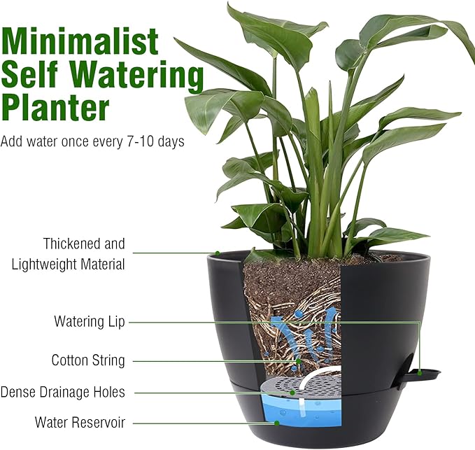 10/9/8 inch Medium Self Watering Pots, Plant Pots with Mesh Drainage Holes for Indoor Outdoor Garden Plants, Flower Pots with Removable Deep Reservoir, Set of 3 Plastic Planters, Black-HomvellaHome