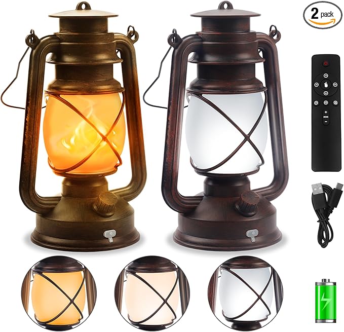 2 Pack Bronze Vintage 4 Modes Light LED Lanterns，Rechargeable Dancing Flame Lanterns Decorative Outdoor&Indoor, Remote Control Waterproof Hanging Lights for Camping,Patio Garden Pathway-HomvellaHome