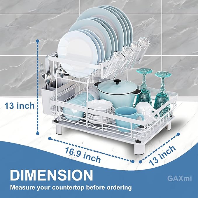 GAXmi Dish Drying Rack Over The Sink Drainer with Drainboard Utensil Holder Cup Holder, 2-Tier White-HomvellaHome