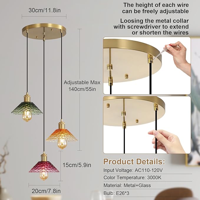 Glass Ceiling Chandelier,3-Light Colorful Hanging Pendant Light,Mid Century Modern Glass Pendant Light Fixture for Dining Room, Hallway, Living Room,Farmhouse,Kitchen Island-HomvellaHome