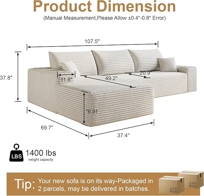 108" Sectional Couches for Living Room Modern Modular Sofa with L-Shape Couchs Upholstered Boneless Couch Deep Seat Sectional Couch with Chaise (White, Left Facing Chaise+2Seaters)-HomvellaHome