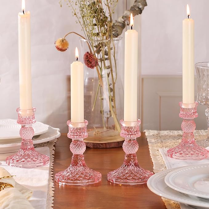 12Pcs Pink Candlestick Holders Set- 4" H Taper Candle Holders Bulk, Glass Candle Holders for Wedding, Party, Romantic Dinner Table Centerpieces, Festival Gifts & Windowsill Decor-HomvellaHome