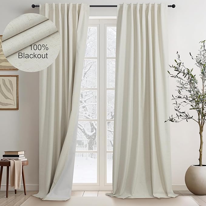 100 Inch Length Custom Summer Curtains for Windows Living Room Viral Back Tab Pleated Extreme Blackout Curtain Linen Designer Drapes for Sliding Glass Doors Patio 52 Wide x 100 Long Tall 2 Panel Beige-HomvellaHome