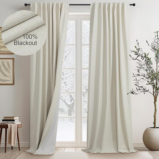 100 Inch Length Custom Summer Curtains for Windows Living Room Viral Back Tab Pleated Extreme Blackout Curtain Linen Designer Drapes for Sliding Glass Doors Patio 52 Wide x 100 Long Tall 2 Panel Beige-HomvellaHome