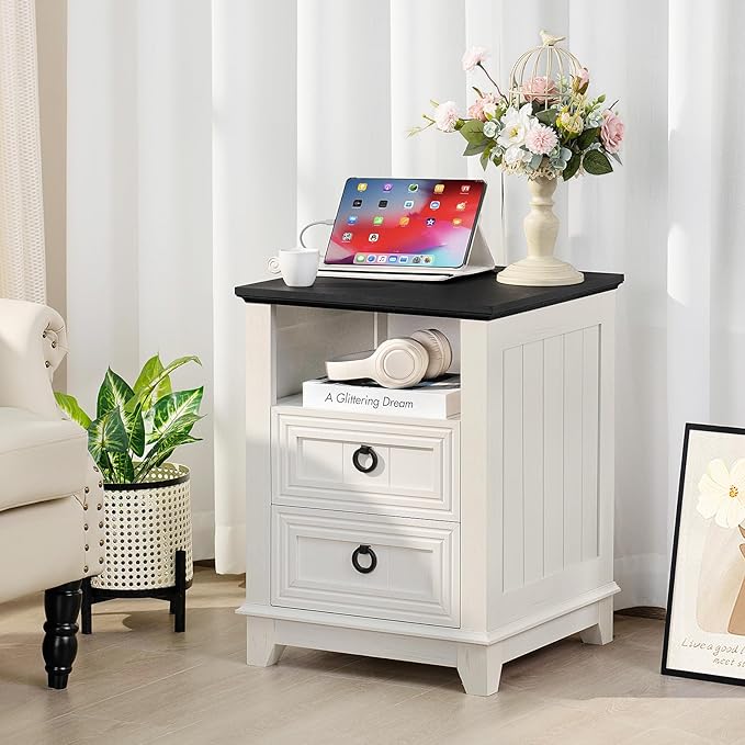 18" Farmhouse Night Stand with Charging Station, 2 Drawers End Table Dresser for Bedroom, White Wooden Nightstand, Bed Side Table with Open Shelf, Bedside Cabinet for Living Room, Closet-HomvellaHome