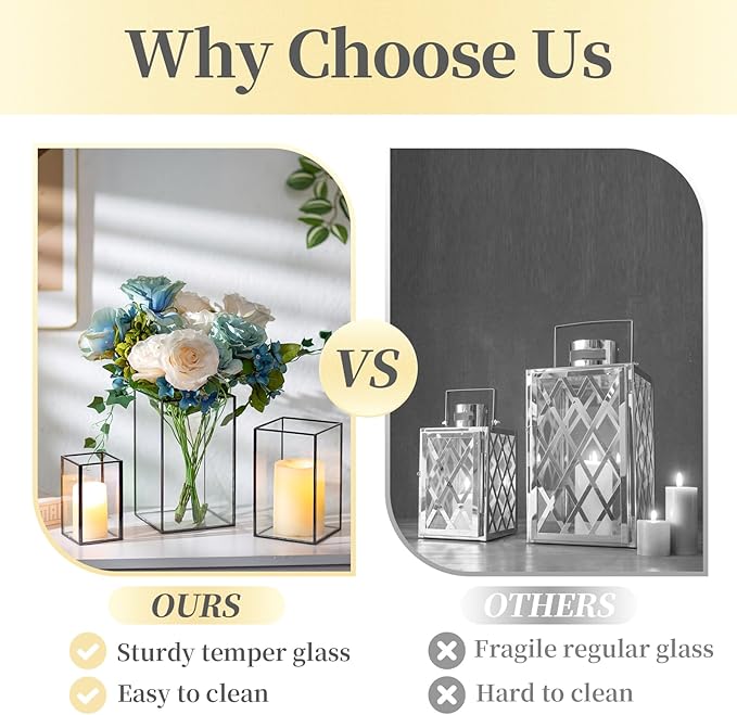 Glass Hurricane Candle Holder Large - Hewory 6pcs Black Rectangle Flower Holders Centerpiece for Table, Tall Floor Square Pillar Candle Lantern for Wedding, Anniversary, Party, Fireplace, Dining Room-HomvellaHome