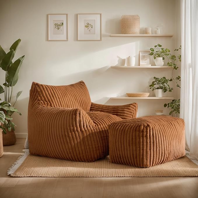 Giant Bean Bag Chairs for Adults, Oversized Chaise Lounge Chair Indoor with Memory Foam - Plush Boneless Lounger & Ottoman for Bedroom, Living Room, Gaming & Reading, Lazy Floor Sofa Chair, Orange-HomvellaHome