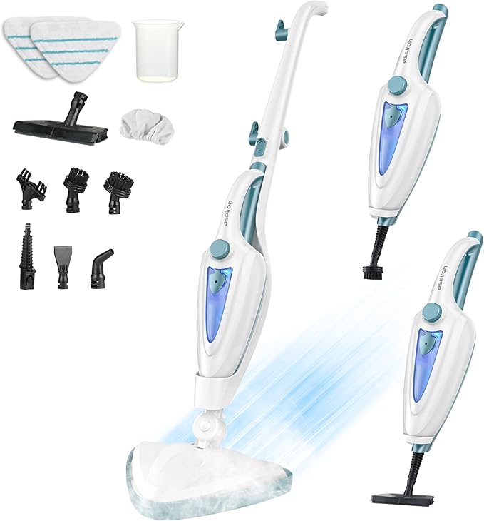 12-in-1 Steam Mop, Fast 15-Sec Heat-Up, 1500W Detachable Handheld Steam Cleaner with 2 Dirt Grip Pads, Removes 99.99% Stubborn Stains for Hardwood Floors, Windows, Tiles, Furniture, Pearl Teal-HomvellaHome