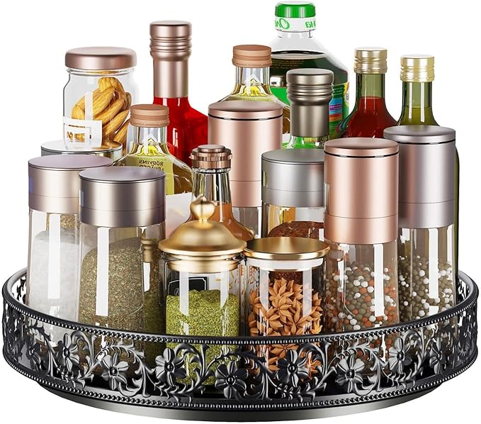 10" Lazy Susan Organizer Turntable,360 Rotating Spice Rack Lazy Susan for Cabinet Dining Table Top Countertop Pantry Kitchen Cupboard Vanity Bathroom Refrigerator Black-HomvellaHome