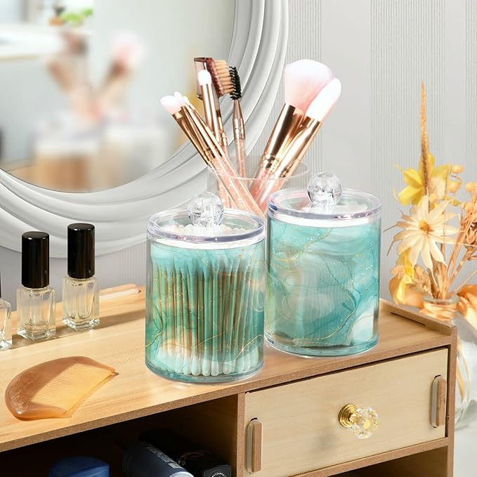 2 Pack Qtip Holder Dispenser Turquoise Marble Bathroom Storage Canister Lid Acrylic Plastic Apothecary Jar Set Vanity Makeup Organizer for Cotton Swabs/Pads/Floss-HomvellaHome