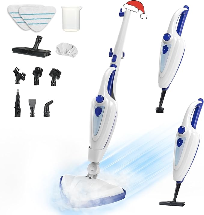 12-in-1 Steam Mop, Fast 15-Sec Heat-Up, 1500W Detachable Handheld Steam Cleaner with 2 Dirt Grip Pads, Removes 99.99% Stubborn Stains for Hardwood Floors, Clothes, Windows, Tiles, Furniture, Blue-HomvellaHome