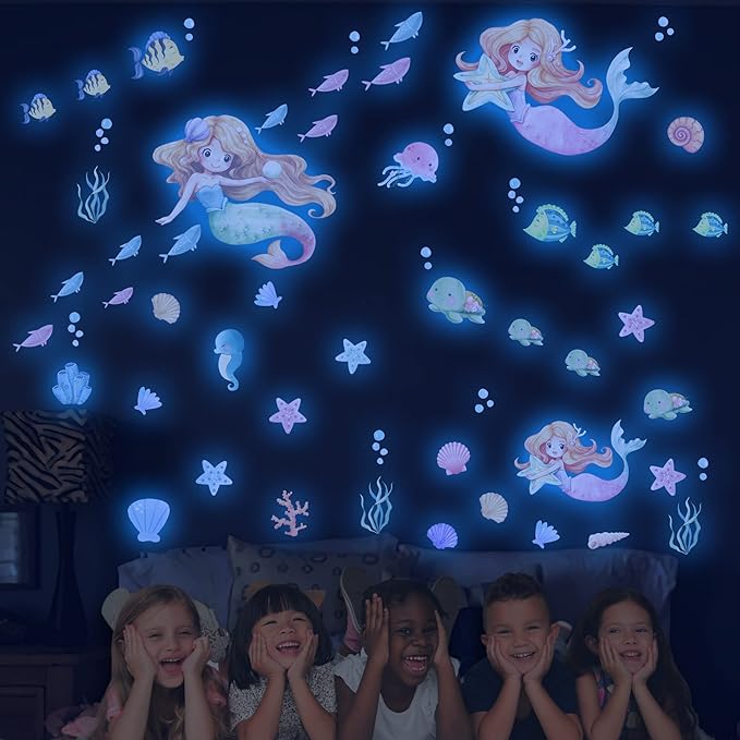 Glow in The Dark Stars Mermaid Wall Decals, Turtle Ocean Fish Stickers for Ceiling, DIY Wall Decor for Nursery Playroom Living Room, Birthday Christmas Gift-HomvellaHome