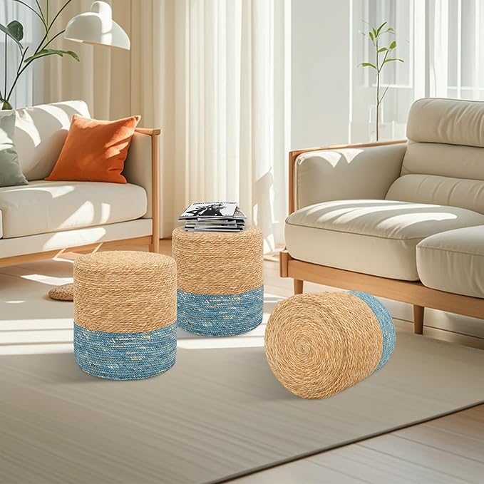 16'' Round Ottoman Natural Seagrass Braided Poof Hand Weaving Round Ottomans Boho Footrest Stool for Home Living Room Bedroom Patio(Natural&Blue)-HomvellaHome