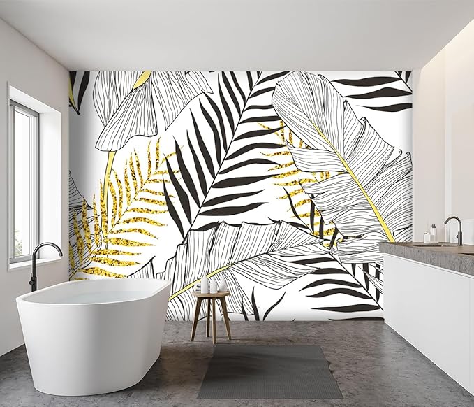 -Black and Gold Tropical Botanical Banana Leaf Fabric Wallpaper Living Room Bedroom Bathroom Abstract Plant Large Wall Mural- 160"x108"（ not Peel and Stick）
