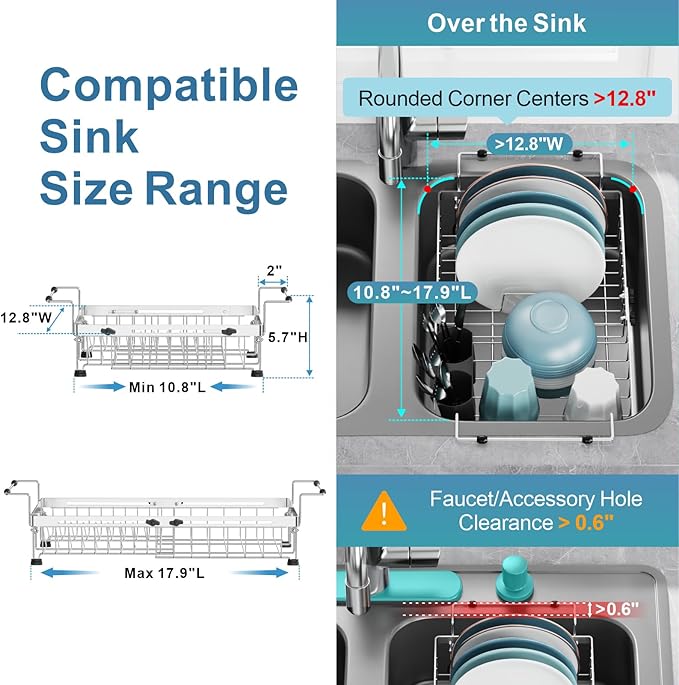 GSlife in Sink Dish Drying Rack - Stainless Steel Capacity Expandable Over The Sink Dish Drainer with Lock Knob and Utensil Holder for Kitchen Sink, 10.8"-17.9" L x 12.8" W, Silver-HomvellaHome