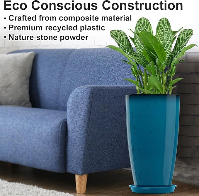 GameXcel Tall Flower Pot Indoor - Outdoor Plant Pot - Turquoise Glossy Planter - Elegant Stone Imitation - 12" Diameter 21" Tall with Drainage Holes and Saucer 2Pack-HomvellaHome