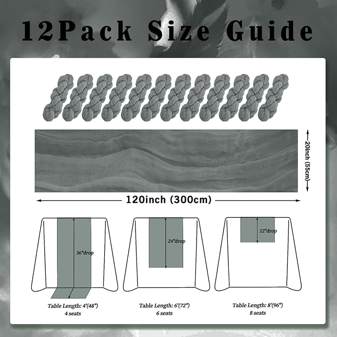 12 Pack Gray 10FT Cheesecloth Table Runner Rustic Gauze Fabric Cheese Cloth Table Runner for Wedding Bridal Baby Shower Table Decor 20 x 120 Inch Long Boho Sheer Birthday Party Table Decorations-HomvellaHome