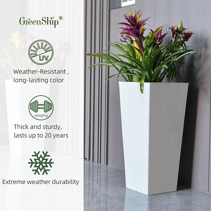 GreenShip 27" Tall Planters, Set of 2 – Black Outdoor Planter for Front Porch & Tall Plants, Weather-Resistant, with Drainage Hole & Rubber Plug (No Plants Included) (White-2pcs)-HomvellaHome