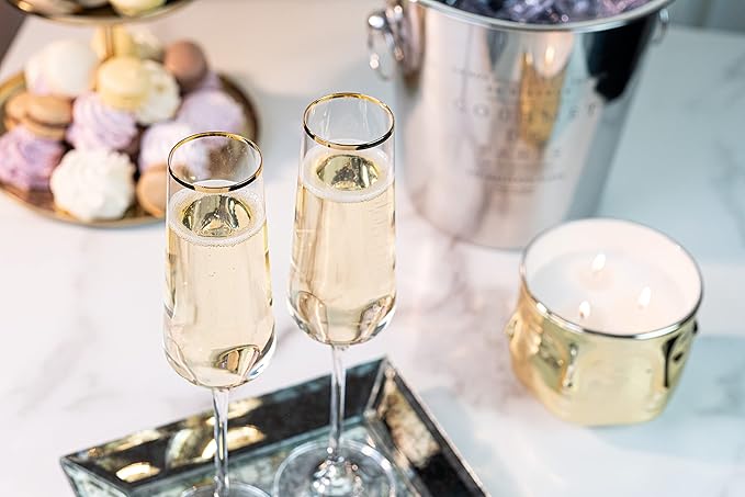 Gold Rim Champagne Gift Glasses | Set of 2 | Crystal Square Toasting Flutes for Bride and Groom, Wedding, Anniversary, Birthday | Elegant Long Stemmed Glassware for Sparkling Wine, Prosecco-HomvellaHome