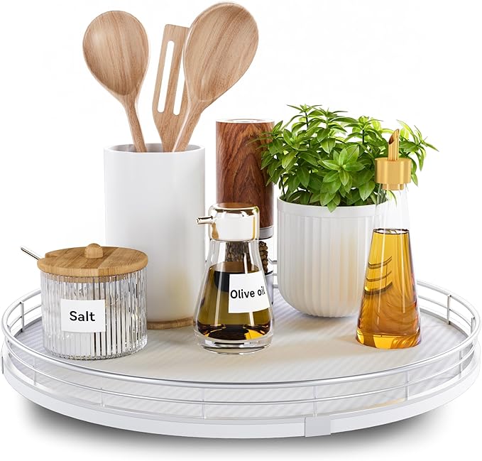 13" Lazy Susan Turntable Organizer for Table Top, Round Wooden Lazy Susan for Cabinet Kitchen Decor Centerpieces Coffee Table, Storage Condiments Spices, Bathroom Vanity Tray for Soap, White-HomvellaHome