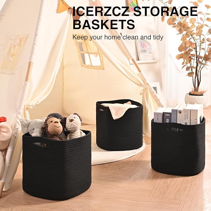 11 Inch Cube Storage Bins, Storage Cube Organizer Bins, Woven Cotton Rope Basket for Storage, Storage Baskets for Organizing Shelves, Square Baskets for Toys, Black (Pack of 3)-HomvellaHome