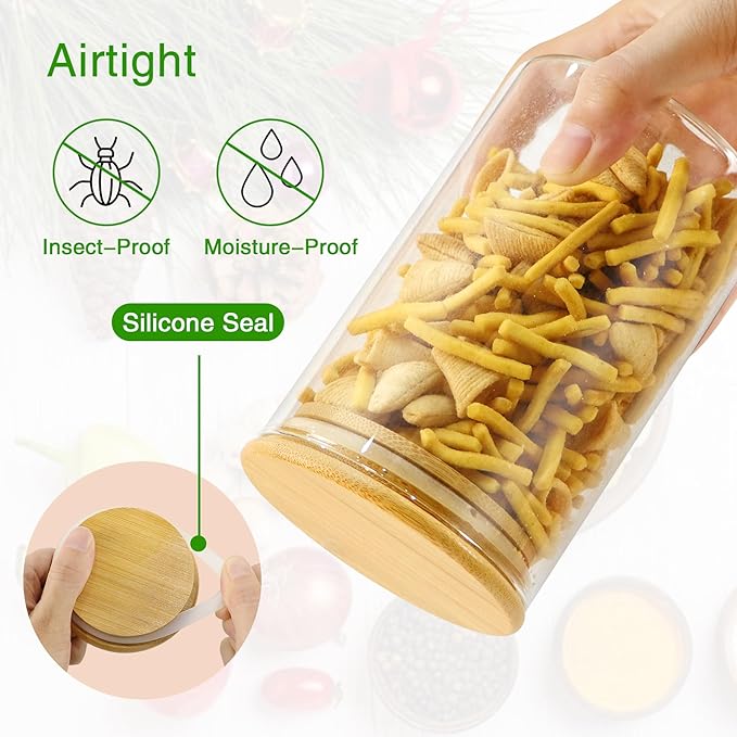 Glass Jars with Bamboo Lids 20 oz, 12 Pcs Stackable Kitchen Glass Pantry Storage Containers with Airtight Bamboo Lids for Rice, Candy, Sugar, Flour, Nuts, Cookie, Bean-HomvellaHome