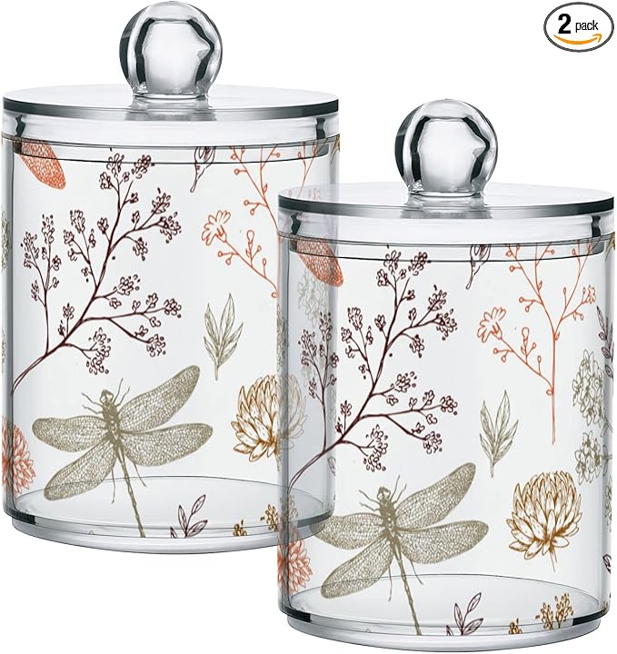 2 Pack Qtip Holder Organizer Dispenser Dragonfly Pattern Bathroom Storage Canister Cotton Ball Holder Container for Cotton Swabs/Pads/Floss-HomvellaHome