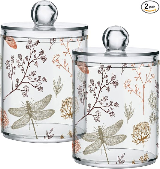 2 Pack Qtip Holder Organizer Dispenser Dragonfly Pattern Bathroom Storage Canister Cotton Ball Holder Container for Cotton Swabs/Pads/Floss-HomvellaHome
