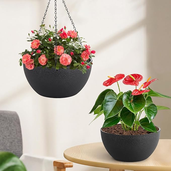10 inch Hanging Planters for Indoor Plants, 2 Pack Planters for Outdoor Plants with Drainage Holes and Chain, Round Plastic Hanging Baskets, Hanging Flower Pots for Balcony Garden Decor-Black-HomvellaHome