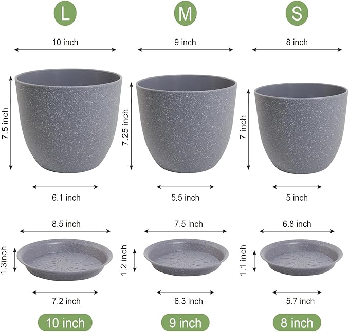 10/9/8 inch Plant Pots, Set of 3 Modern Decorative Plastic Planters with Drainage Holes and Saucers for Garden House Plants, Flower Pots for Indoor Outdoor Plants, Speckled Grey-HomvellaHome