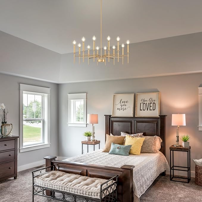 12 Light Gold Chandelier Light Fixture, Modern Farmhouse Chandeliers for Dining Room Light Fixture, Metal Candle Pendant Chandelier for Foyer Entryway Stairs Living Room Bedroom Kitchen-HomvellaHome