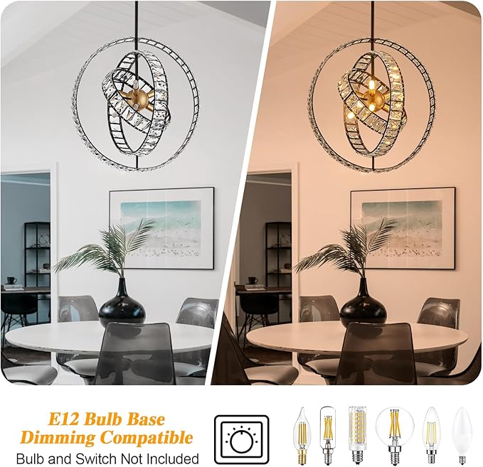 18" Crystal Globe Sputnik Chandelier, 6-Light Black Gold Modern Adjustable Hanging Ceiling Pendant Light Fixture for Entryway Foyer Stairway Bedroom Dining Living Room Hallway-HomvellaHome