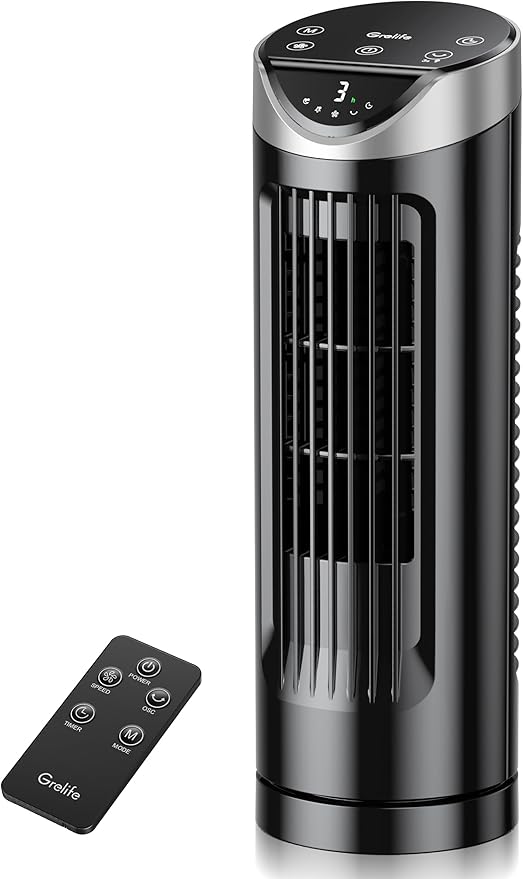 Grelife Tower Fan with Remote Control, Fast Cooling Desktop Fan, 90° Oscillation, 3 Speeds, 3 Wind Modes, Touch Screen, Auto Timer, Ideal for Home, Office Bedroom-HomvellaHome